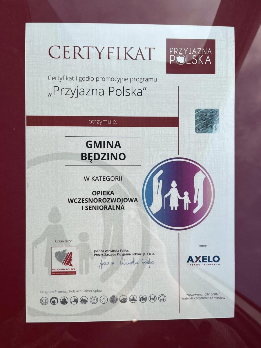 Certyfikat "Przyjazna Polska" Gmina Będzino 2023